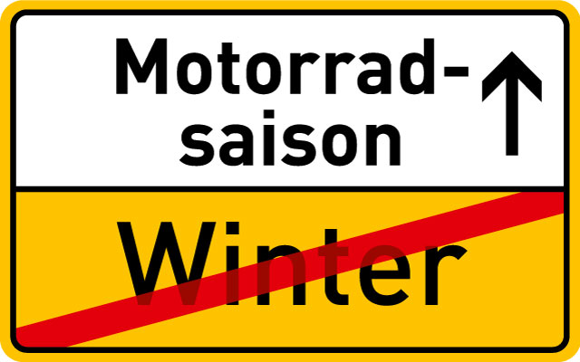 Einem Ortsausgangschild nachempfundene Vektorgrafik mit der Aufschrift Motorradsaison/Winter.